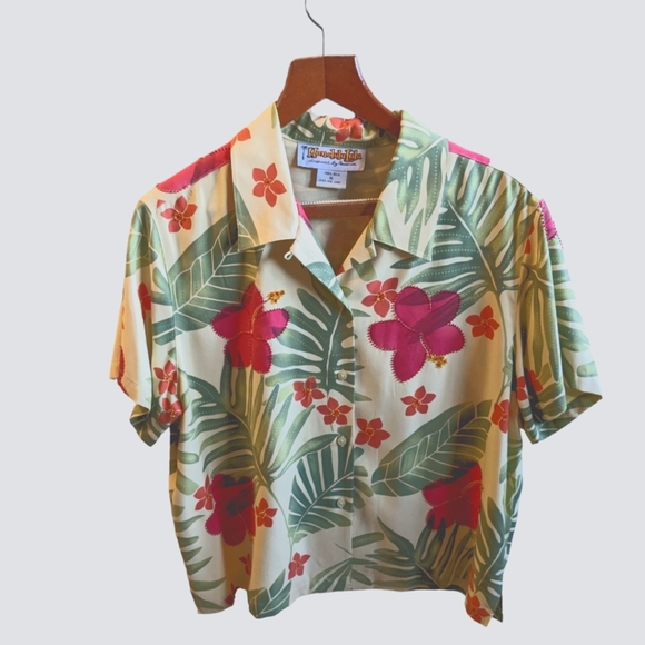 Women's Hawaiian shirt 100% silk, with beads around the big flowers size XL - Picture 1 of 7